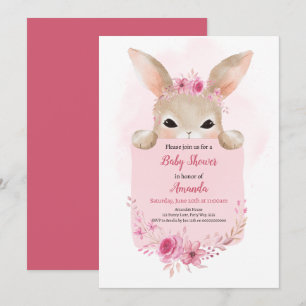 Meisje Konijn Baby shower Roze Boho Konijn Bloemen Kaart