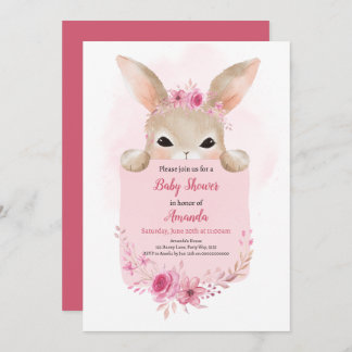Meisje Konijn Baby shower Roze Boho Konijn Bloemen Kaart