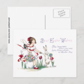 Meisje, konijn en paasbloemen feestdagenkaart (Voorkant / Achterkant)