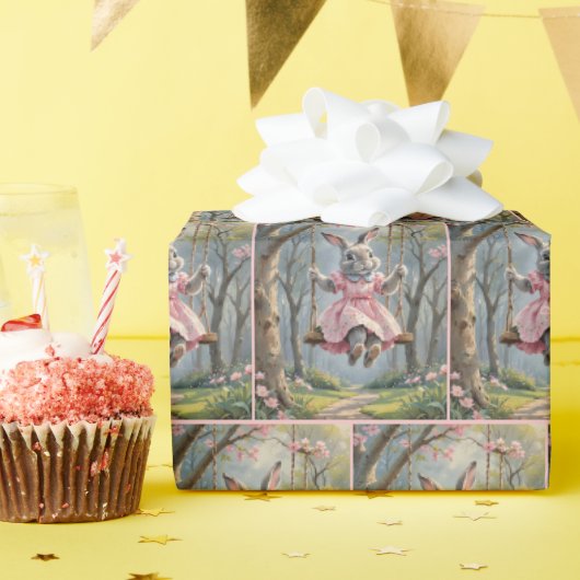 Meisje konijn op een schommel cadeaupapier (Verjaardagsfeest)