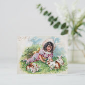  meisje konijnen Antiek Pasen Feestdagenkaart (Staand voorkant)