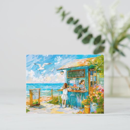 Meisje koopt broodje bij strandsnacks feestdagenkaart (Staand voorkant)