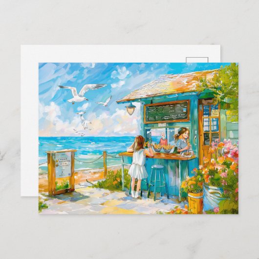 Meisje koopt broodje bij strandsnacks feestdagenkaart (Voorkant / Achterkant)