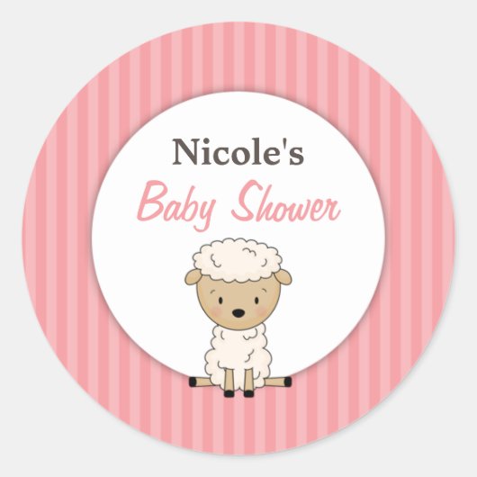 Meisje Lamb Baby shower Roze Streep Ronde Sticker (Voorkant)