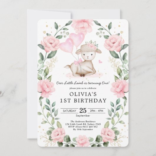 Meisje Lammetje Baby Schaap Bloost Bloem 1e Verjaa Kaart (Voorkant)