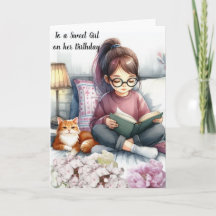 Meisje leest boeken en kat verjaardag