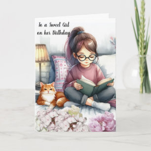 Meisje leest boeken en kat verjaardag kaart