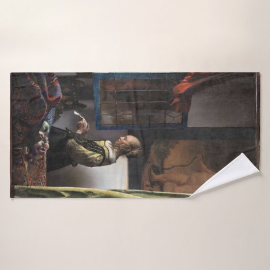 Meisje leest een brief in een open venster, Vermee Badhanddoek (Badhanddoek)