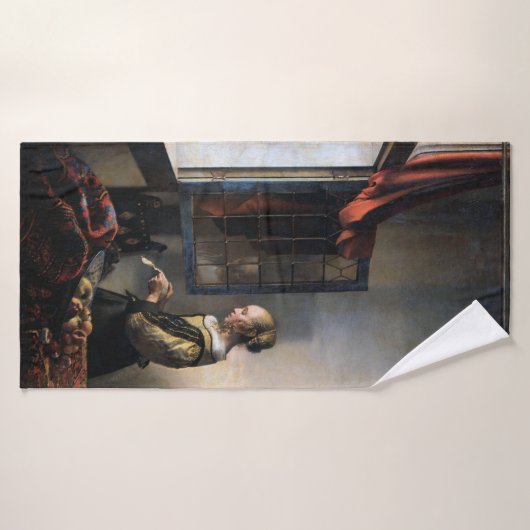 Meisje leest een brief in een open venster, Vermee Badhanddoek (Badhanddoek)
