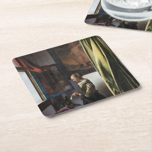 Meisje leest een brief in een open venster, Vermee Kartonnen Onderzetters (Schuin)