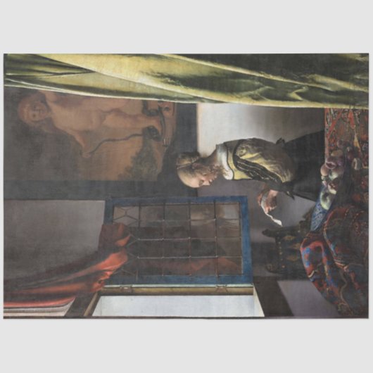 Meisje leest een brief in een open venster, Vermee Tissuepapier (Voorkant)