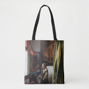 Meisje leest een brief in een open venster, Vermee Tote Bag