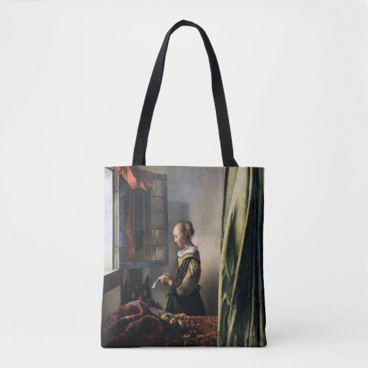 Meisje leest een brief in een open venster, Vermee Tote Bag (Voorkant)