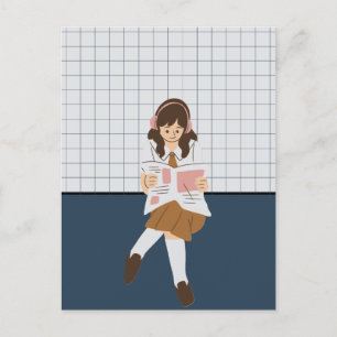 Meisje leest een krant briefkaart