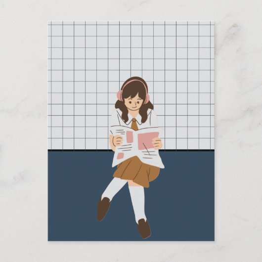 Meisje leest een krant briefkaart (Voorkant)