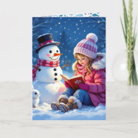 Meisje leest een verhaal voor aan een sneeuwpop