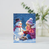 Meisje leest een verhaal voor aan een sneeuwpop feestdagenkaart (Staand voorkant)