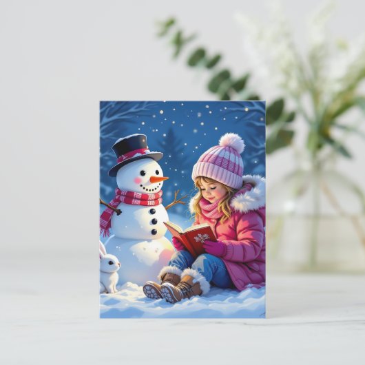 Meisje leest een verhaal voor aan een sneeuwpop feestdagenkaart (Staand voorkant)