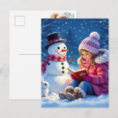 Meisje leest een verhaal voor aan een sneeuwpop feestdagenkaart (Voorkant / Achterkant)