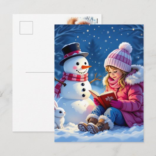 Meisje leest een verhaal voor aan een sneeuwpop feestdagenkaart (Voorkant / Achterkant)