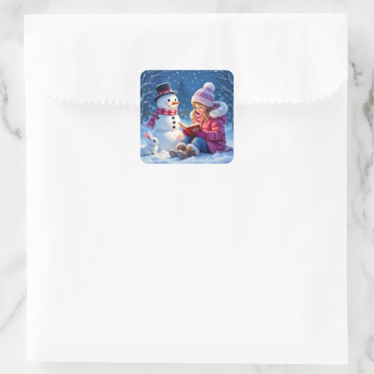 Meisje leest een verhaal voor aan een sneeuwpop vierkante sticker (Tas)