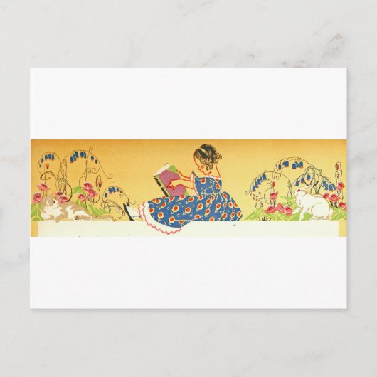 Meisje leest met bunnies briefkaart (Voorkant)