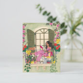 Meisje leest op zomerse balkon met katten briefkaart (Staand voorkant)