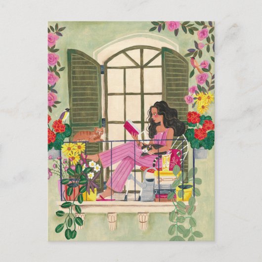 Meisje leest op zomerse balkon met katten briefkaart (Voorkant)