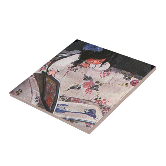 Meisje leest over sofa tegeltje (Zijkant)