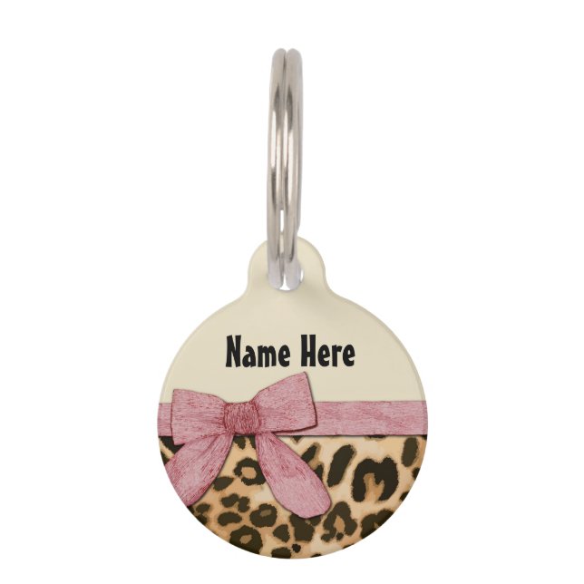 Meisje Leopard Print Baby Roze Boog Huisdierpenning (Voorkant)