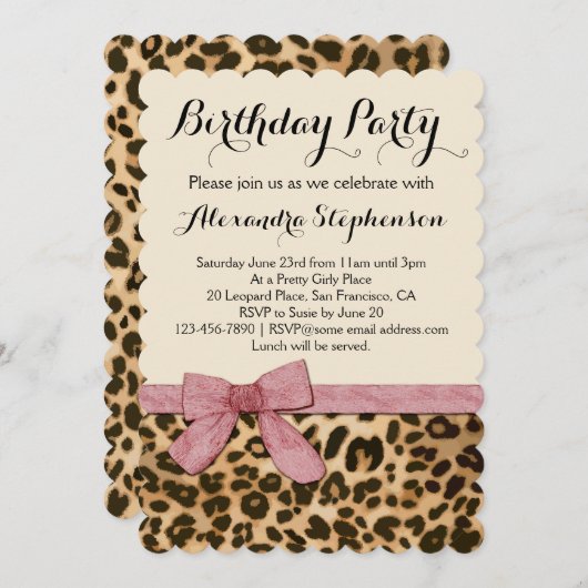  Meisje Leopard Roze Bow Verjaardagsfeest Kaart (Voorkant / Achterkant)