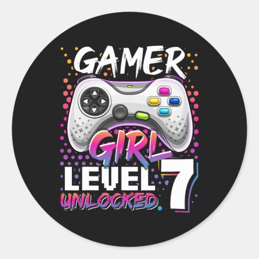 Meisje Level 7 Ontgrendeld Videogame 7e Verjaardag Ronde Sticker (Voorkant)
