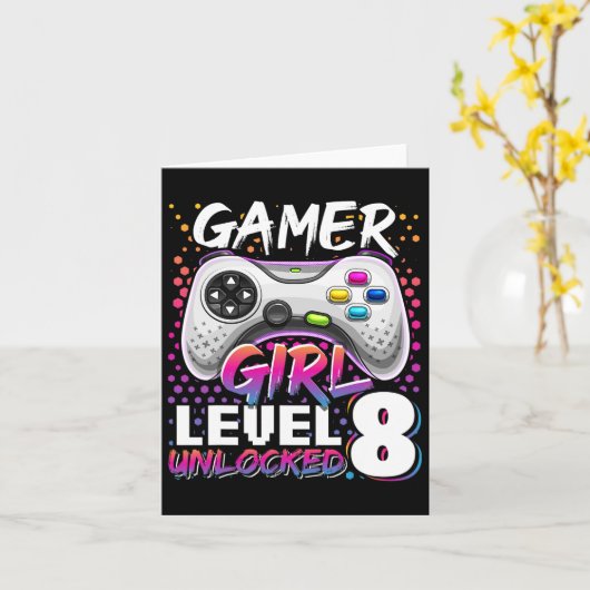 Meisje Level 8 Ontgrendeld Videogame 8e Verjaardag Kaart (Gele Bloem)