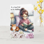 Meisje lezen boeken en kat verjaardag kaart (Gele Bloem)