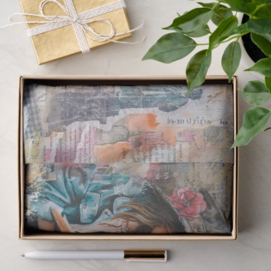 Meisje lezen collage stijl decoupage papier (Geschenk)