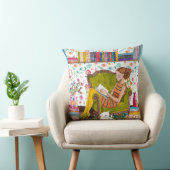 Meisje lezen met kat | Sierkussen van katoen (Stoel)