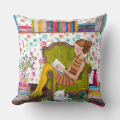 Meisje lezen met kat | Sierkussen van katoen (Voorkant)