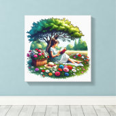 Meisje lezen onder een boom omringd door bloemen canvas afdruk (Insitu (Houten vloer))