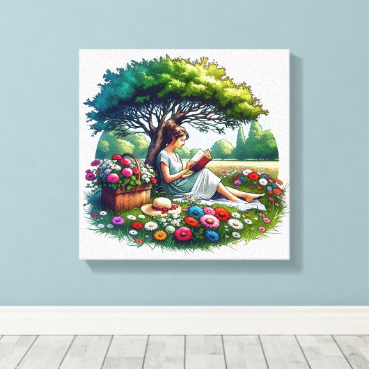 Meisje lezen onder een boom omringd door bloemen canvas afdruk (Insitu (Houten vloer))
