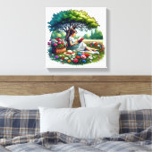 Meisje lezen onder een boom omringd door bloemen canvas afdruk (Insitu (Slaapkamer))