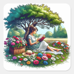 Meisje lezen onder een boom omringd door bloemen vierkante sticker