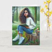 Meisje lezen van een boek met konijn kaart (Gele Bloem)