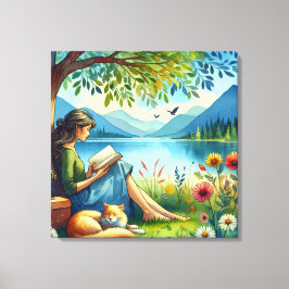 Meisje lezen van een boek onder een boom met een s canvas afdruk