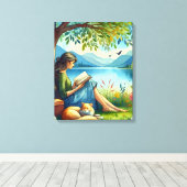 Meisje lezen van een boek onder een boom met een s canvas afdruk (Insitu (Houten vloer))