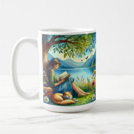 Meisje lezen van een boek onder een boom met een s koffiemok