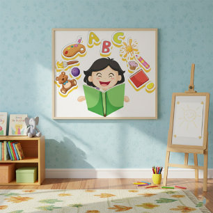 Meisje lezend en lerend ABC letters en speelgoed Poster