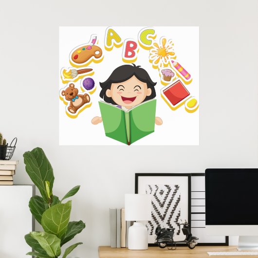 Meisje lezend en lerend met ABC letters en speelgo Poster (Thuiskantoor)