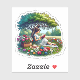 Meisje lezend onder een boom omringd door bloemen sticker