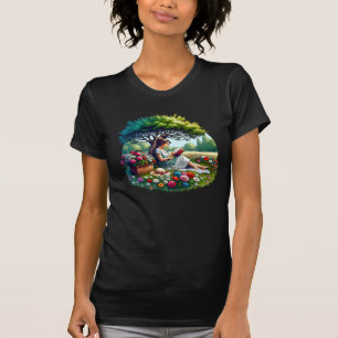 Meisje lezend onder een boom omringd door bloemen t-shirt