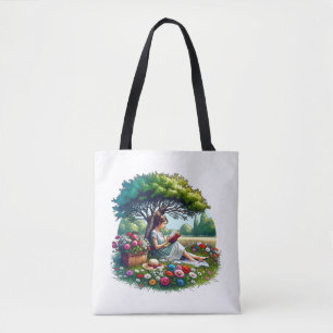 Meisje lezend onder een boom omringd door bloemen tote bag